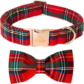 Tunkoo Christmas dog collar with bow tie in red plaid for festive photos.