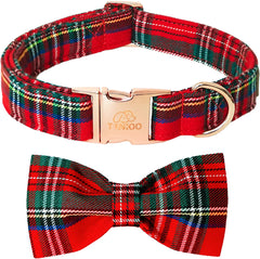 Tunkoo Christmas dog collar with bow tie in red plaid for festive photos.