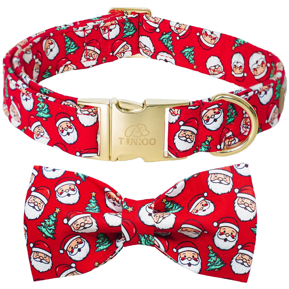 Tunkoo Christmas dog collar with bow tie showcases festive design for holiday photos.