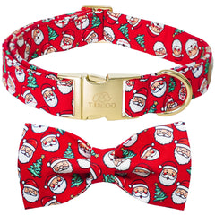 Tunkoo Christmas dog collar with bow tie showcases festive design for holiday photos.