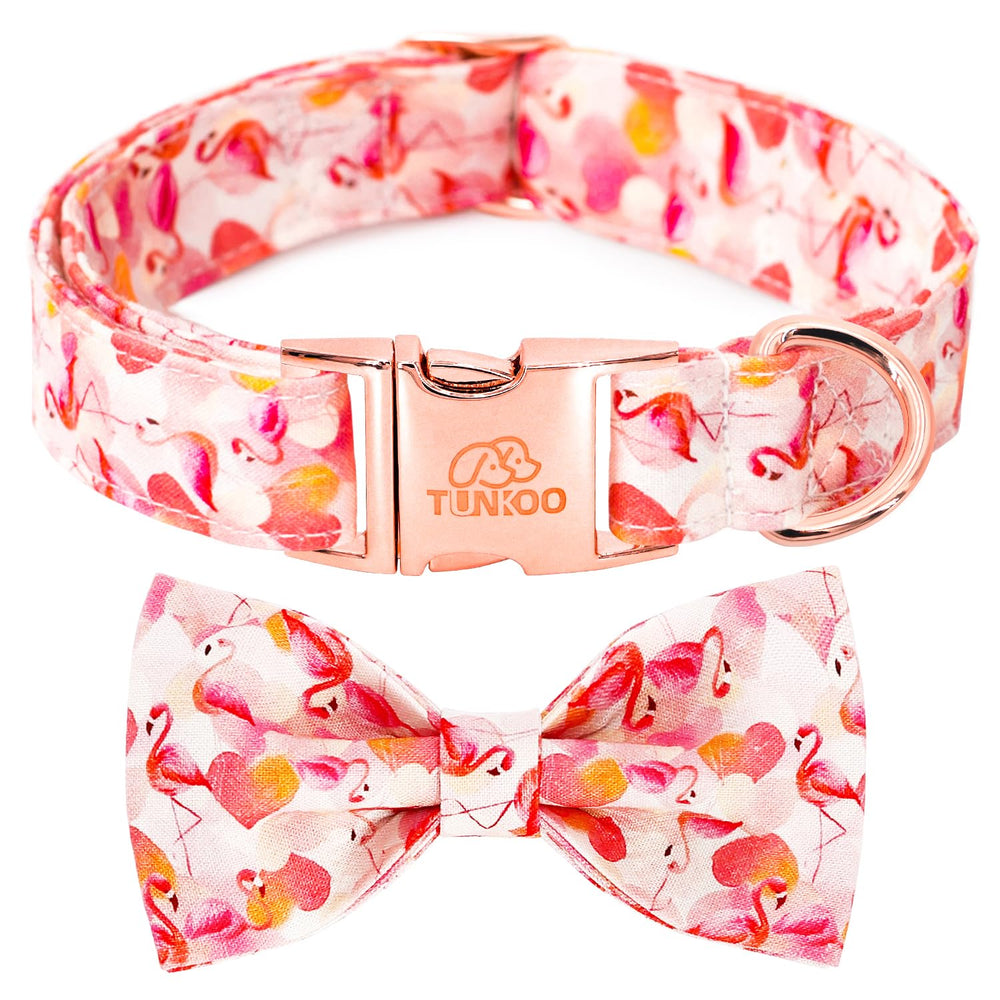 Tunkoo dog collar bow-tie pink flamingo heart design adds playful style
