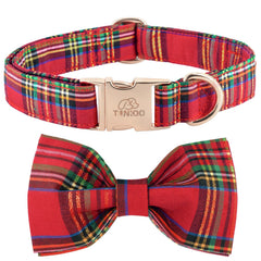 Tunkoo dog collar with Christmas plaid bow-tie in red for festive outings