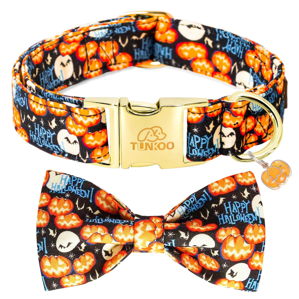 Tunkoo Halloween dog collar pumpkin front view for stylish Halloween walks