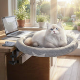 Turbosus rotating cat desk bed on the desk edge for distraction-free work.