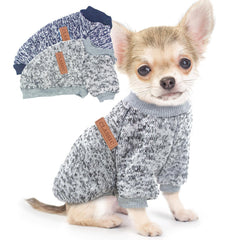 Two-piece dog sweater pattern front view offers cozy small-dog warmth for winter walks.