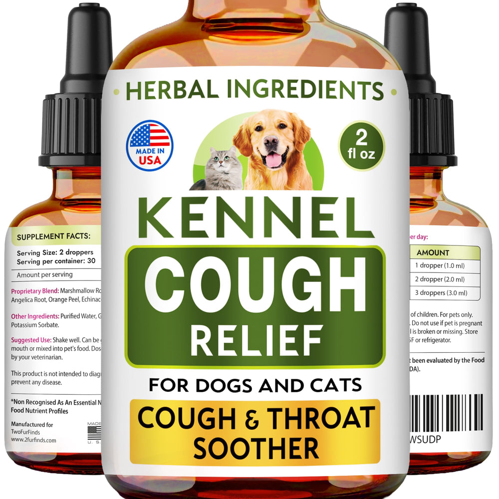 TwoFurFinds kennel cough drops packaging shows USA-made throat support for pets.