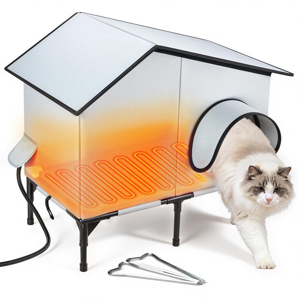 Txunocy heated outdoor cat house with windproof canopy for winter warmth.
