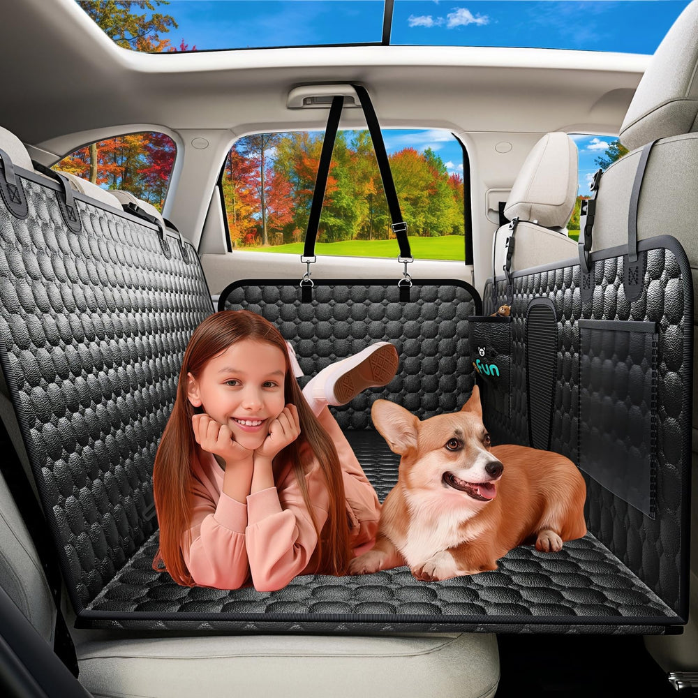 Ucolofun back seat extender with hard bottom provides a stable surface for dogs during car trips.