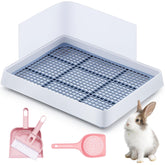 Uiifan litter box for rabbits shows assembly view and durable plastic for easy setup.