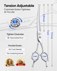 ULG curved dog shears with rounded tip protect eyes and ears during trimming.