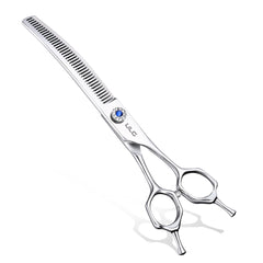 ULG dog grooming scissors 40-tooth curve close-up showing thinning precision