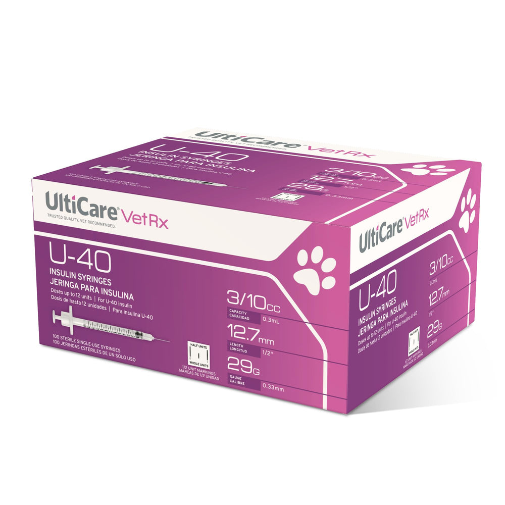 UltiCare VetRx U-40 3/10cc syringe with half-unit markings for precise pet dosing.