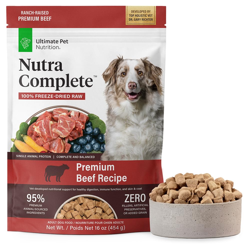 Ultimate Pet Nutrition Nutra Complete beef bites close-up, freeze-dried texture ideal for digestion.