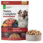 Ultimate Pet Nutrition Nutra Complete beef bites close-up, freeze-dried texture ideal for digestion.