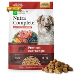 Ultimate Pet Nutrition Nutra Complete beef bites offer high-protein nutrition for tasty training rewards and daily energy.
