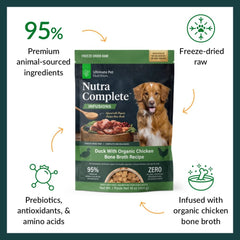 ULTIMATE PET NUTRITION Nutra Complete bone broth duck chunks in bowl for tasty daily meals.