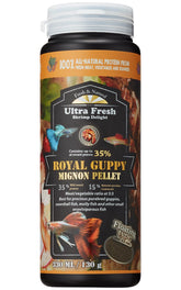 Ultra Fresh Royal Guppy Mignon Pellet packaging highlights natural ingredients for vibrant color and healthy appetite