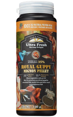 Ultra Fresh Royal Guppy Mignon Pellet packaging highlights natural ingredients for vibrant color and healthy appetite