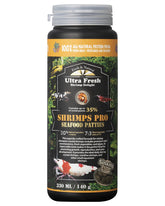 Ultra Fresh Shrimp Food bottle closeup highlights high-protein formula for healthy growth