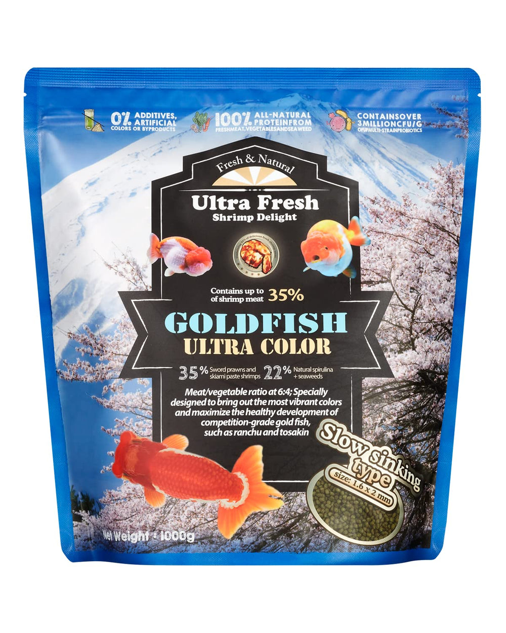 Ultra Fresh Sinking Goldfish Food packaging highlighting a balanced diet for goldfish