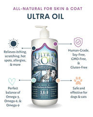 Ultra Oil pet bottle closeup shows liquid formula for skin and coat support