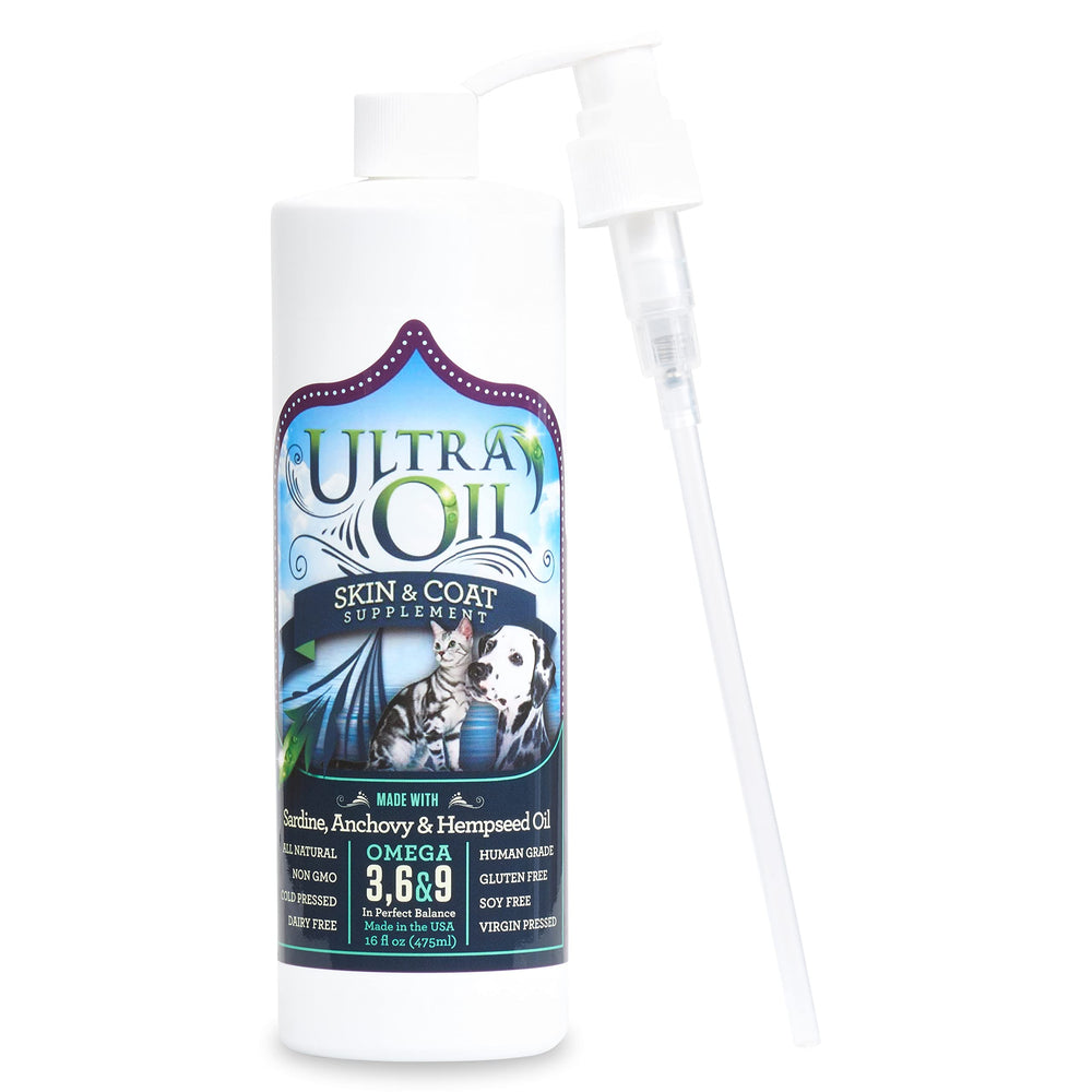 Ultra Oil skin and coat supplement bottle pour demonstrates easy pet dosing for healthy fur