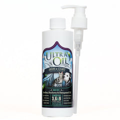 Ultra Oil Skin & Coat bottle pour demonstrates easy dosing for pets and shinier coats.