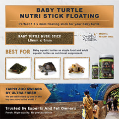 Ultra Fresh floating baby turtle food ingredients visual highlights natural proteins and vegetables.