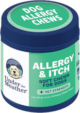 Under the Weather allergy chews for dogs bottle, supports daily comfort during seasonal flare-ups.