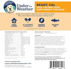 Under the Weather Ready Cal for Dogs 100cc bottle label closeup highlights vitamin and mineral blend