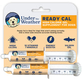 Under the Weather Ready Cal for Dogs 100cc bottle pour shows convenient high-calorie supplement for energy support