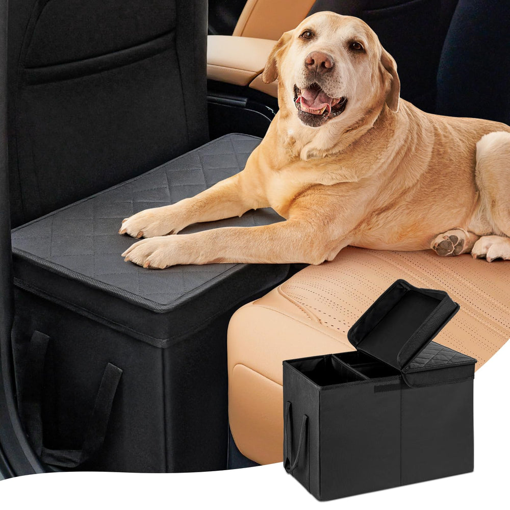 Unicitii car seat extender shows extra space for a large dog on a road trip