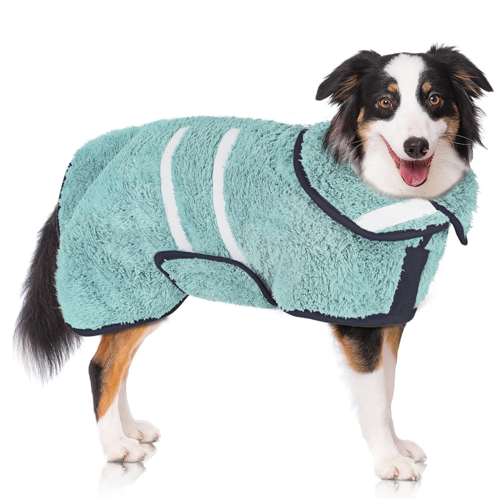 Unicorn Catcher dog bathrobe shows absorbent fleece for fast post-bath drying.