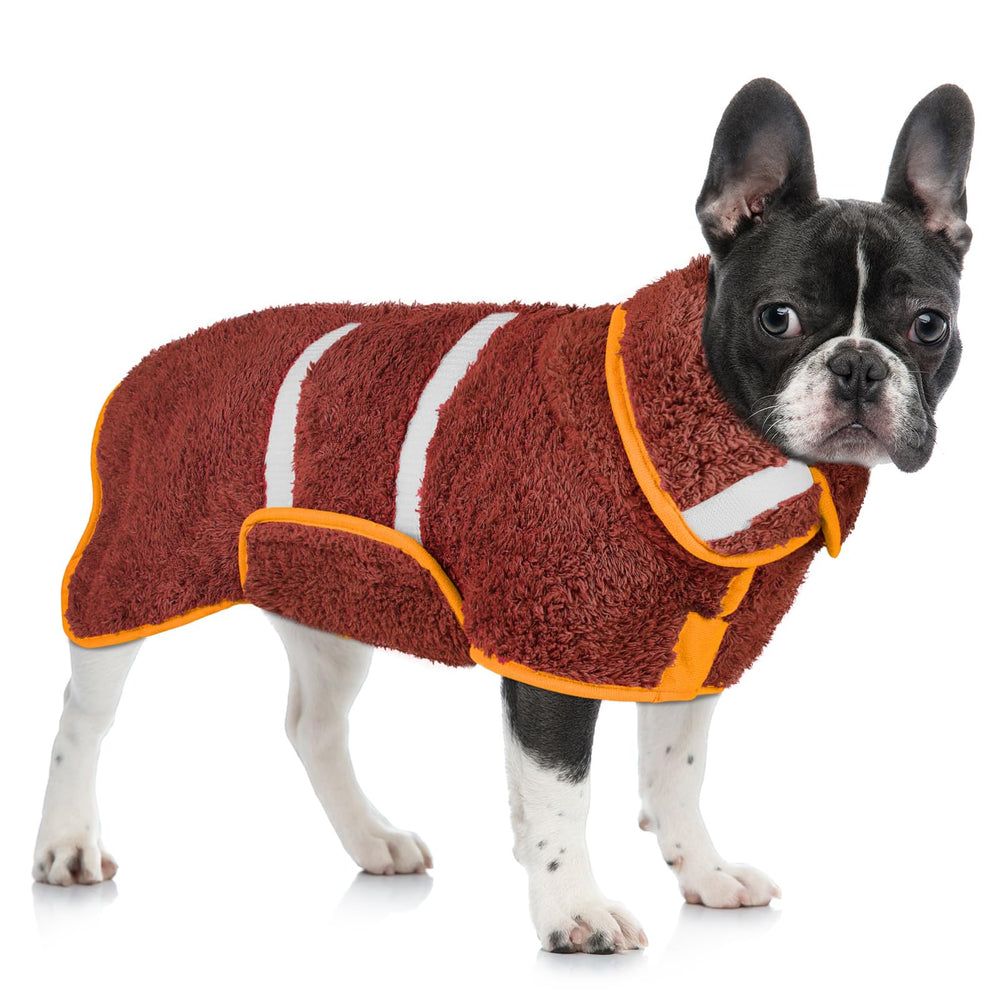 Unicorn Catcher dog bathrobe in soft fleece worn by a dog for quick post-bath drying.