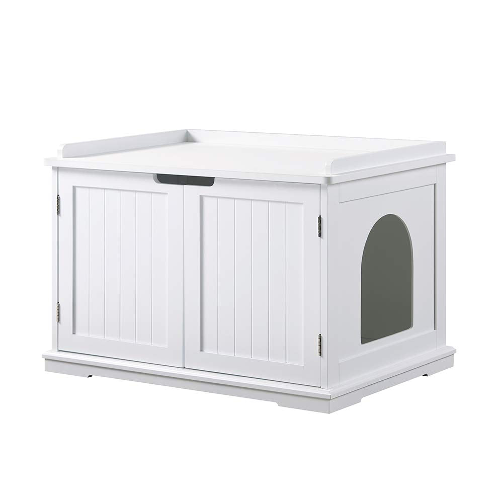 Unipaws cat litter box enclosure front view highlights discreet, stylish design with odor containment