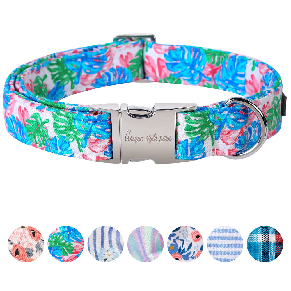 Unique Style Paws metal buckle collar banana leaves closeup for durable everyday wear.