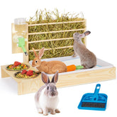 UNMOONY 4in1 rabbit hay feeder with wooden rack for tidy feeding and space-saving setup.
