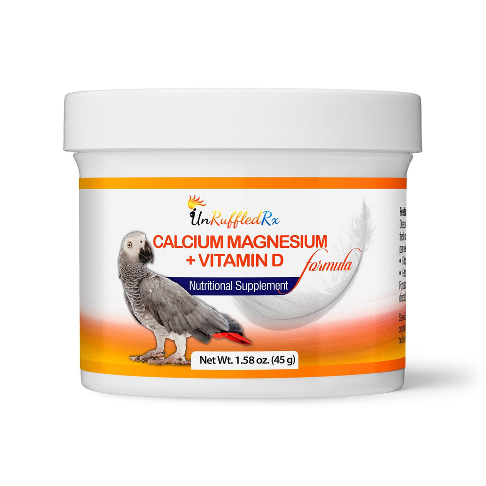 UnRuffledRx Bird Calcium Plus bottle front, clear tasteless formula supports bone and feather health.