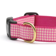 Up Country Pink Gingham dog collar brass hardware detail ensures secure, lasting hardware performance.