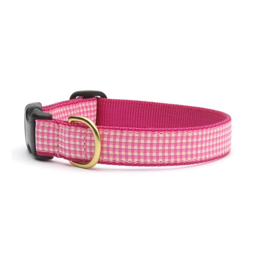 Up Country Pink Gingham dog collar close-up shows durable nylon webbing for daily adventures.