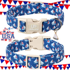 UP URARA PUP US flag collar with green dinosaur pendant adds playful detail for daily walks.