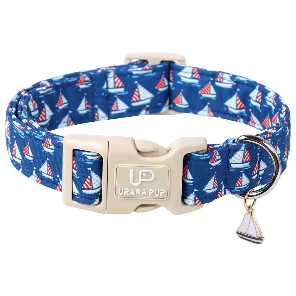 UP URARA PUP US flag dog collar with sailboat pendant for stylish beach-ready patriotic style.