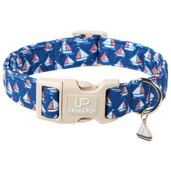 UP URARA PUP US flag dog collar with sailboat pendant for stylish beach-ready patriotic style.