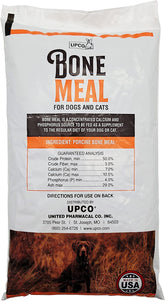 UPCO Bone Meal bag demonstrates balanced calcium and phosphorus for pet bone health.