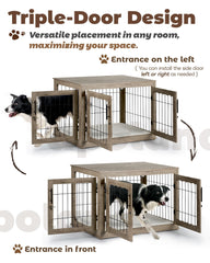 Upolana dog crate furniture three doors for easy pet entry and exit.