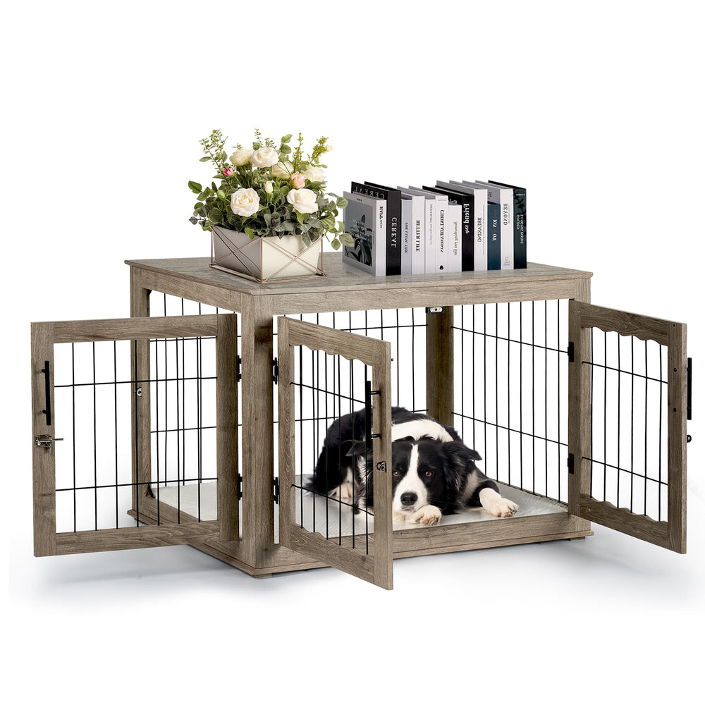 Upolana dog crate furniture top view shows table and crate functionality.