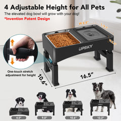 UPSKY adjustable-height stand demonstrates four heights for comfortable meals from puppy to senior.