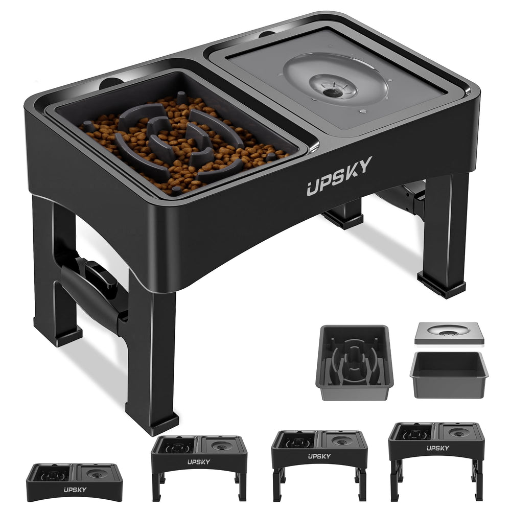 UPSKY 2-in-1 elevated bowls stand shown with adjustable height for growing dogs.