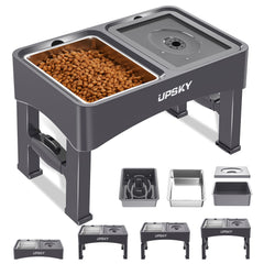UPSKY 3-in-1 elevated dog bowls assembly shows versatile setup for growing dogs and seniors