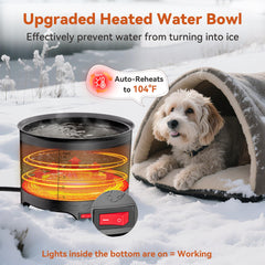 UPSKYPET bowl displays temperature range 77–104°F for comfortable hydration.